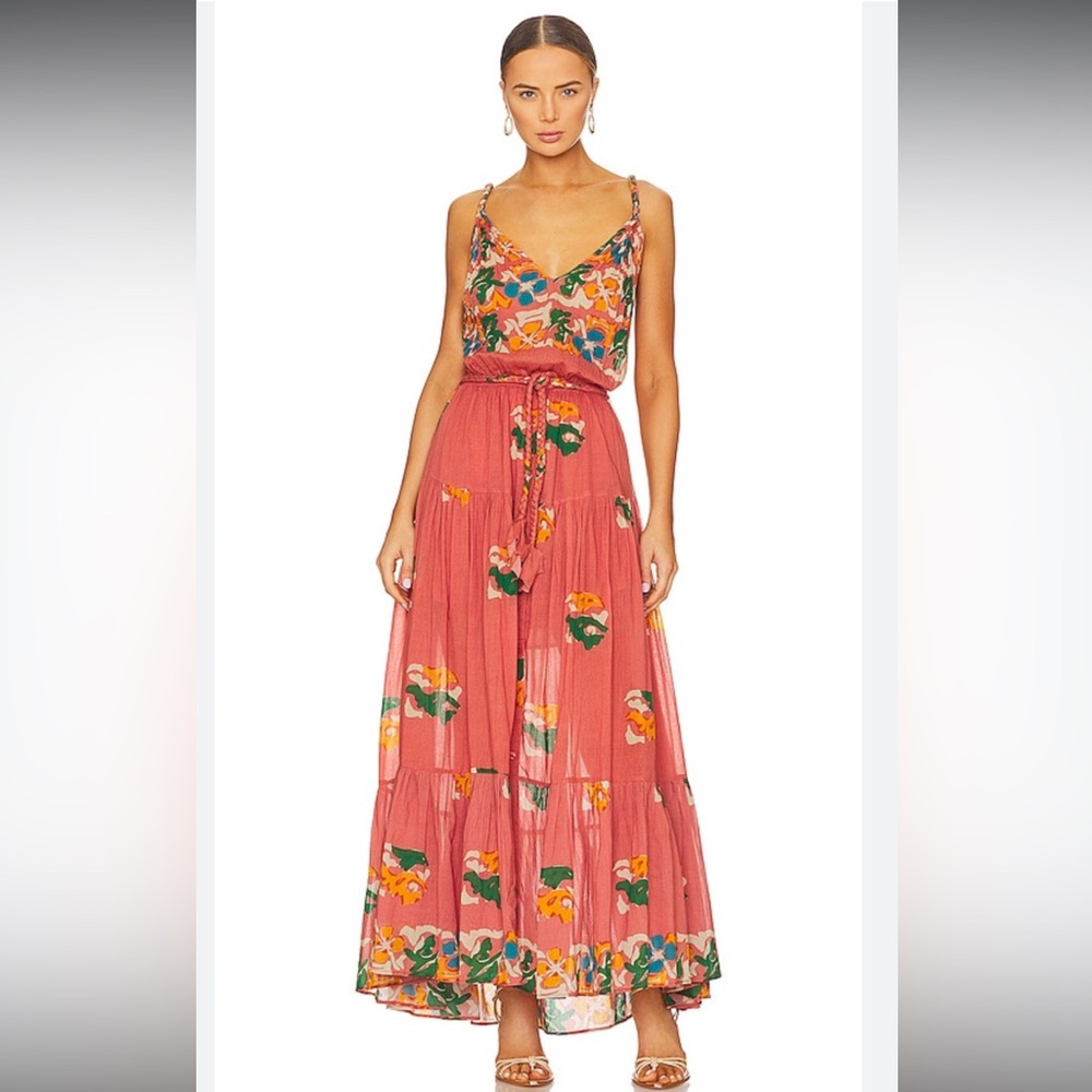 Mes Demoiselles Faded Rose Block Printed Floral Cotton Gauze Maxi Dress